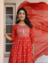 Red Pure Cotton Foil Printed Yoke Design A-line Kurta Pant With Dupatta Set